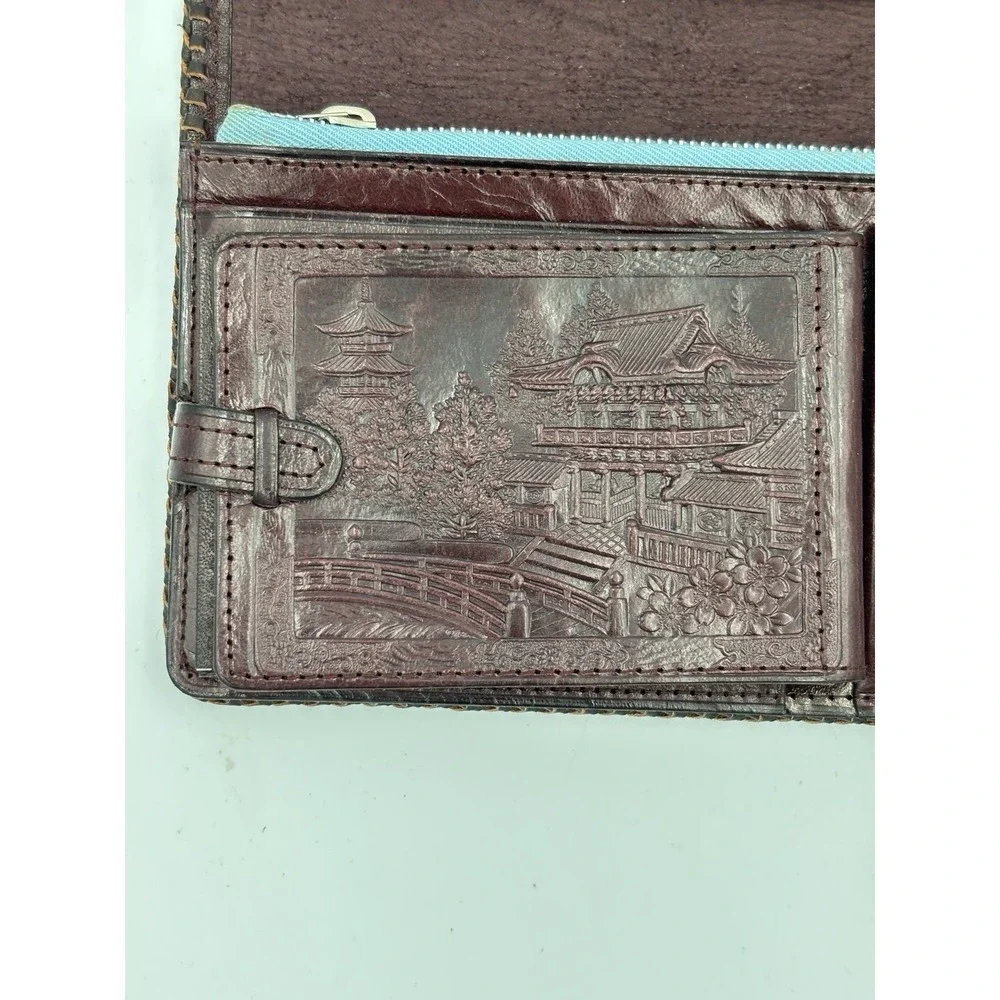 Vintage Embossed Leather Wallet Japanese Japan Map Dragon Bi-fold Dark Brown